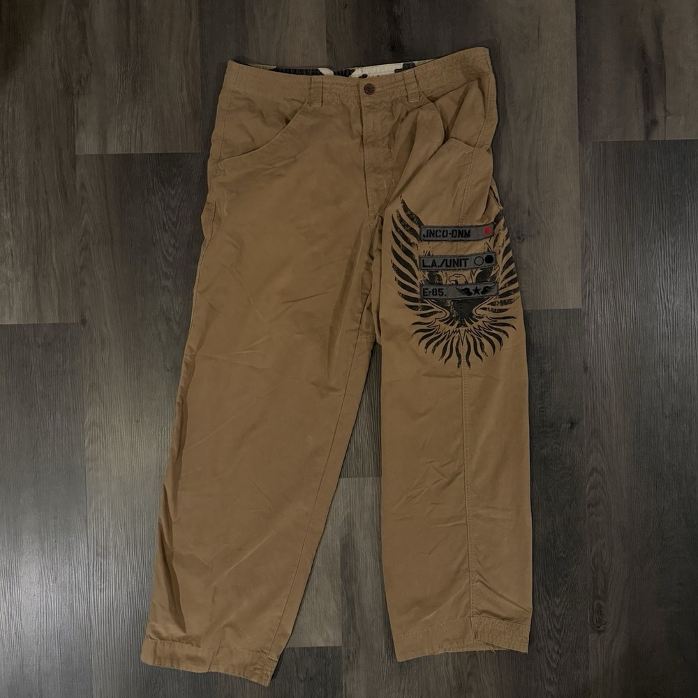 VINTAGE JNCO Pants Mens 38x32 Khaki Tan Baggy Military Tactical Embroidered